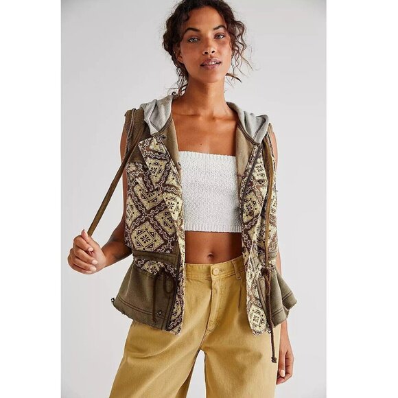 Free People We The Free Joanna Hooded Vest Jacket Top Slouchy Cotton L 275144 - Picture 1 of 11